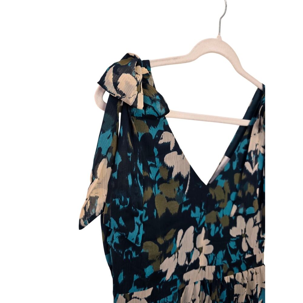 NWT LOFT Beige/Teal Floral Ruffle with Shoulder-Ties Dress - Picture 3 of 9